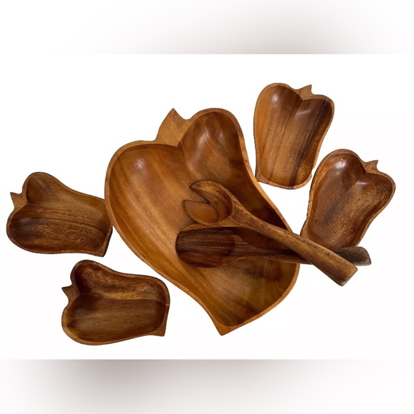 Vintage Monkey Bell Pepper Acacia Wood Salad Chip Dip Bowl Set Salt & Pepper - Picture 3 of 13